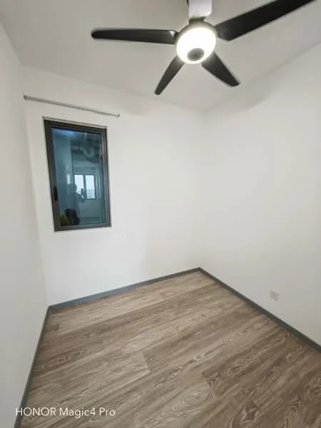 Room features: white painted walls, laminate flooring, 5-blade ceiling fan with light, window with view, grey trim around window; style: modern.