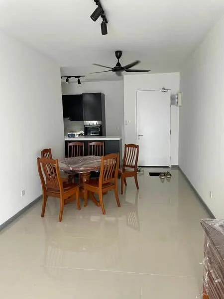Dining features: 4-seater wooden dining table, wooden dining chairs, polished ceramic tile flooring, white painted walls, ceiling fan, recessed lighting, open kitchen layout, kitchen cabinetry visible in background; style: modern.