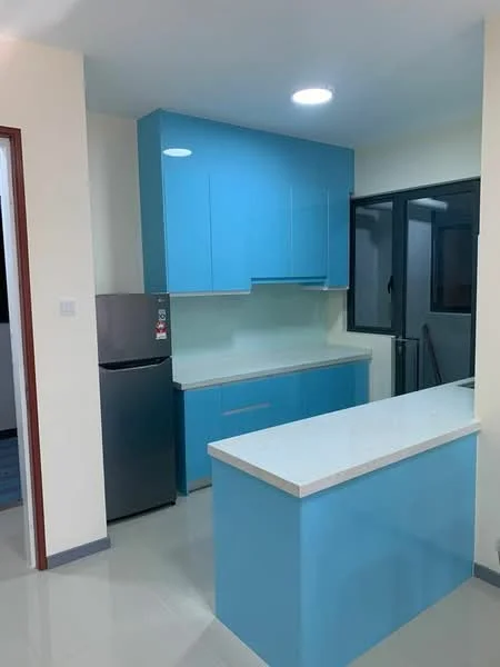 Kitchen features: blue high-gloss cabinetry, white quartz countertop, stainless-steel fridge, single-bowl stainless-steel sink, chrome pull-down faucet, recessed ceiling lights, tile flooring, window with glass panes, open layout, kitchen island; style: modern.