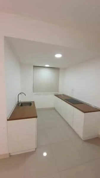 Kitchen features: single-bowl stainless-steel sink, chrome pull-down faucet, white cabinetry, wood countertop, ceramic tile flooring, recessed LED downlights, window with sheer curtains, built-in countertop with sink, open layout; style: modern.
