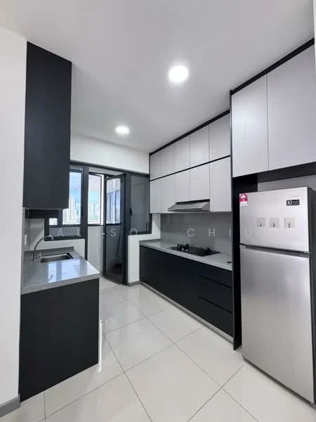 Kitchen features: black and white cabinetry, grey quartz countertop, stainless-steel fridge, built-in oven, 4-burner gas hob, stainless-steel range hood, single-bowl stainless-steel sink, chrome pull-down faucet, white tiled backsplash, floor-to-ceiling windows, recessed LED downlights, white ceramic tile flooring; style: modern; view: city.