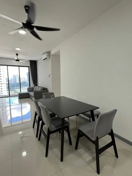 Dining features: 6-seater dining table, grey upholstered dining chairs, white painted walls, polished tile flooring, floor-to-ceiling windows, city view, ceiling fan with light, wall-mounted split AC; style: modern; view: city. Living features: fabric sofa in grey, coffee table, curtains, TV console, area rug; style: modern; view: city.