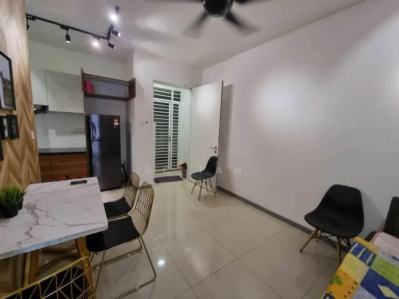 Room features: white painted walls, glossy tile flooring, 5-blade ceiling fan, recessed downlights, wooden cabinetry, stainless-steel fridge, dining table with marble top, gold wire dining chairs, black dining chairs, open doorway, kitchen area visible, entrance door; style: modern.