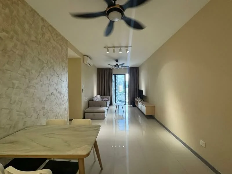 Living features: 3-seater fabric sofa in light grey, wall-mounted TV, TV console, ceiling fan with light, recessed downlights, floor-to-ceiling windows, sliding glass door, cream painted walls, polished tile flooring, area rug, decorative wall with stone texture, curtains; style: modern; view: city. Dining features: 4-seater dining table with marble top, white chairs; style: modern.