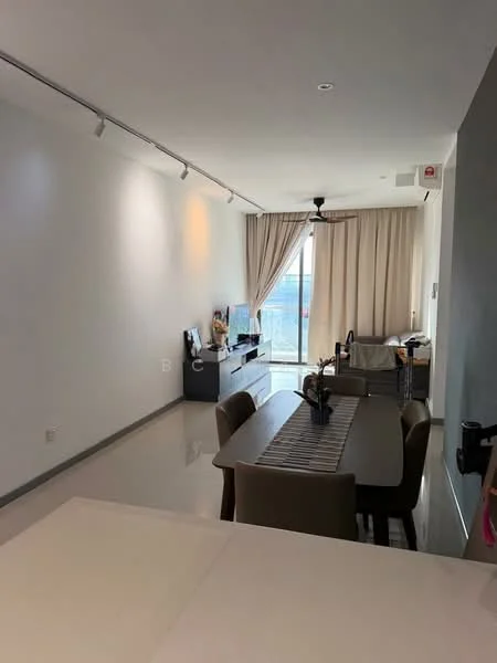 Living features: white painted walls, polished tile flooring, 5-blade ceiling fan, large sliding glass door, floor-to-ceiling windows, sheer curtains, TV console, dining table with chairs, decorative items on shelves, natural light from windows; style: modern; view: city.