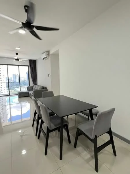 Dining features: black dining table, 4 dining chairs with grey upholstery, white painted walls, glossy tile flooring, 5-blade ceiling fan with light, floor-to-ceiling windows, city view, curtains, air conditioning unit; style: modern; view: city. Living features: grey fabric sofa, coffee table, TV console, area rug, 5-blade ceiling fan with light; style: modern; view: city.