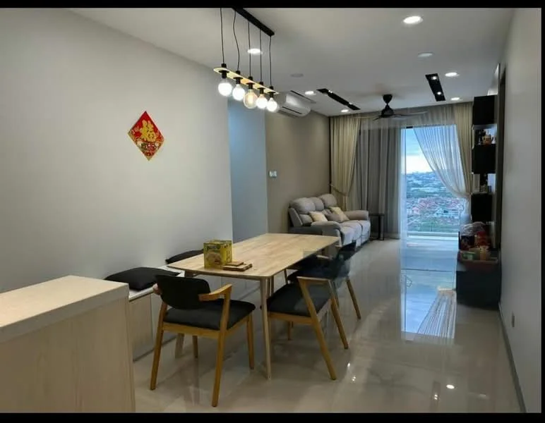 Living features: light grey walls, glossy tile flooring, 5-blade ceiling fan with light, recessed downlights, large sliding glass door, sheer curtains, sofa with armrests in light grey, wooden dining table with natural finish, 4 black upholstered dining chairs, decorative wall art, open shelving unit, city view from window; style: modern; view: city.