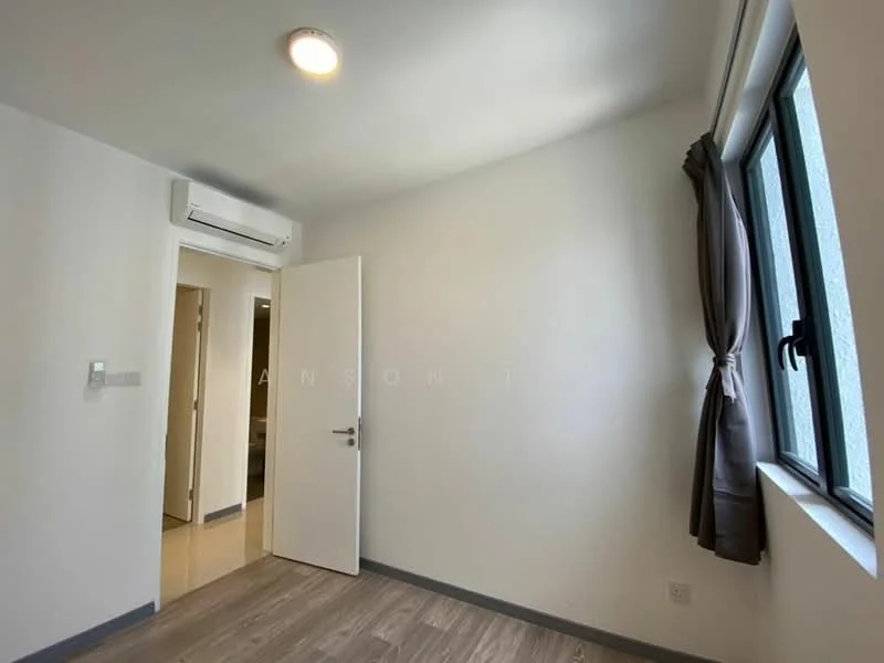 Room features: white painted walls, laminate flooring, 1 wall-mounted split AC, floor-to-ceiling window, grey curtains, door leading to another room, light fixture on ceiling; style: modern.