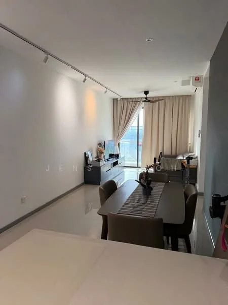 Dining features: 6-seater dining table, upholstered dining chairs, floor-to-ceiling windows, sheer curtains, recessed downlights, white painted walls, polished tile flooring, ceiling fan, TV console, wall-mounted TV; style: modern; view: city.