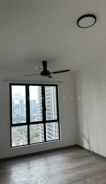 Room features: white painted walls, laminate flooring, 5-blade ceiling fan, floor-to-ceiling windows, city view; style: modern; view: city.