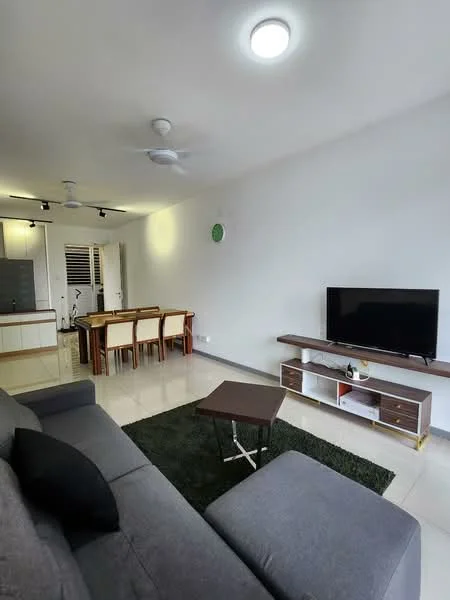 Living features: grey fabric sofa, black cushion, coffee table, wall-mounted TV, TV console with storage, area rug, ceiling fan, recessed downlights, white painted walls, tile flooring; style: modern. Dining features: 6-seater dining table, wooden dining chairs, white cabinetry in background; style: modern.