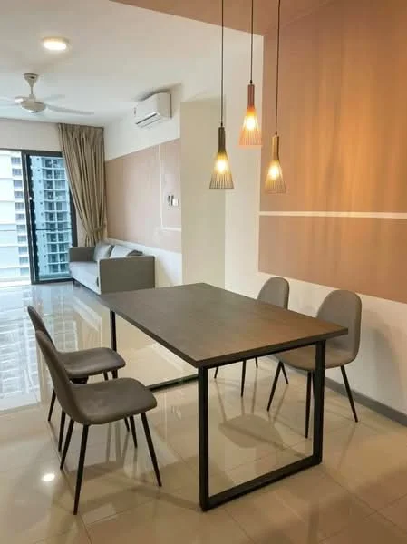 Dining features: dining table with metal frame and wooden top, 4 grey upholstered dining chairs, pendant lights with different designs, white painted walls, cream accent wall, floor-to-ceiling windows, curtains, wall-mounted split AC, polished tile flooring, ceiling fan; style: modern; view: city. Living features: grey fabric sofa, floor-to-ceiling windows, curtains, polished tile flooring; style: modern; view: city.