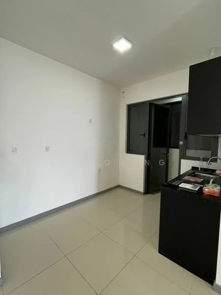 Kitchen features: white painted walls, grey tiled flooring, black cabinetry, window with black frame, recessed ceiling lights, countertop space, open layout, doorway leading to another room; style: modern.