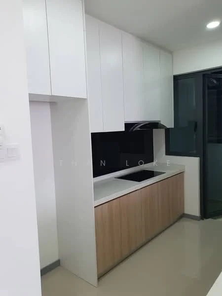 Kitchen features: white upper cabinets, wood lower cabinets, black countertop, built-in stove, stainless-steel range hood, single-bowl stainless-steel sink, grey tile flooring, window with view to outside; style: modern.