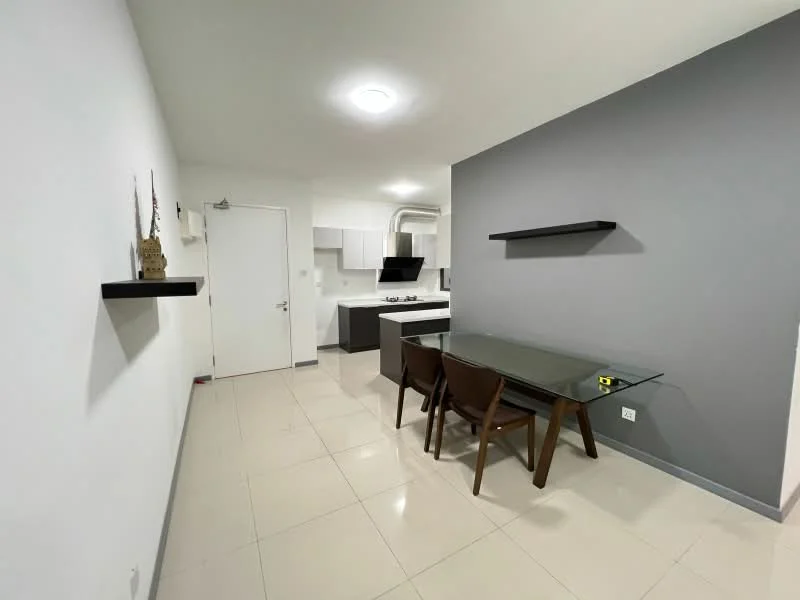 Dining features: glass dining table, 4 wooden dining chairs, grey accent wall, white painted walls, recessed ceiling lights, tile flooring, wall-mounted shelves, kitchen area visible in background; style: modern.