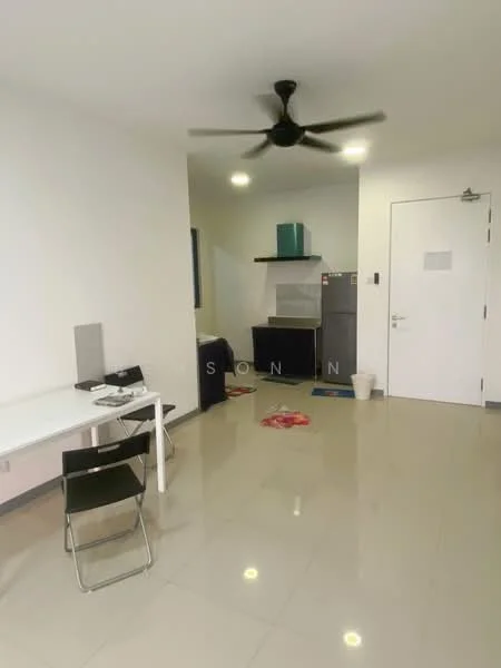 Room features: white painted walls, glossy tile flooring, ceiling fan, recessed downlights, dining table, black chair, fridge, kitchen cabinet, waste bin; style: modern.