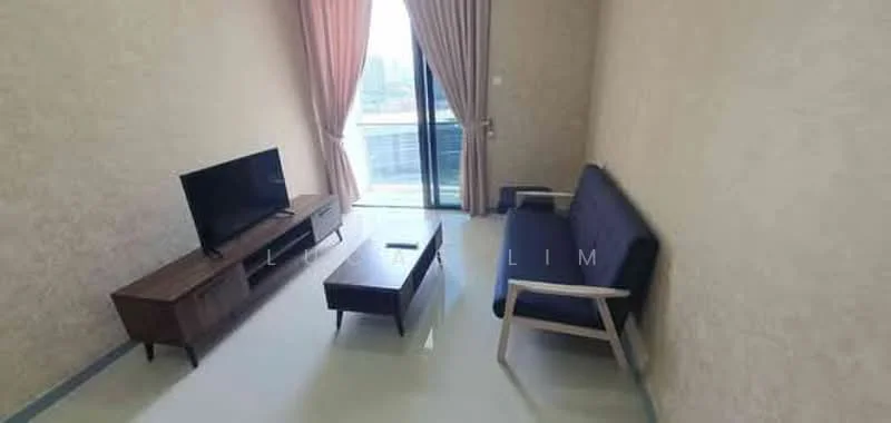 Living features: sofa in navy blue fabric, wooden coffee table, TV console in wood, wall-mounted TV, floor-to-ceiling windows, curtains in light fabric, light-colored walls, laminate flooring; style: modern; view: city.