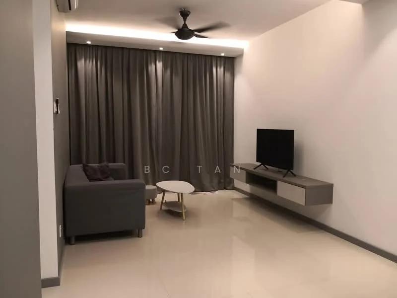 Living features: grey fabric sofa, white coffee table, wall-mounted TV, TV console with storage, cream painted walls, recessed downlights, ceiling fan, floor-to-ceiling curtains, glossy tile flooring; style: modern.