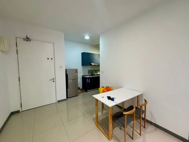 Room features: white painted walls, tile flooring, dining table with chairs, refrigerator, kitchen cabinetry, kitchen countertop, kitchen sink, stove, ceiling light; style: modern.
