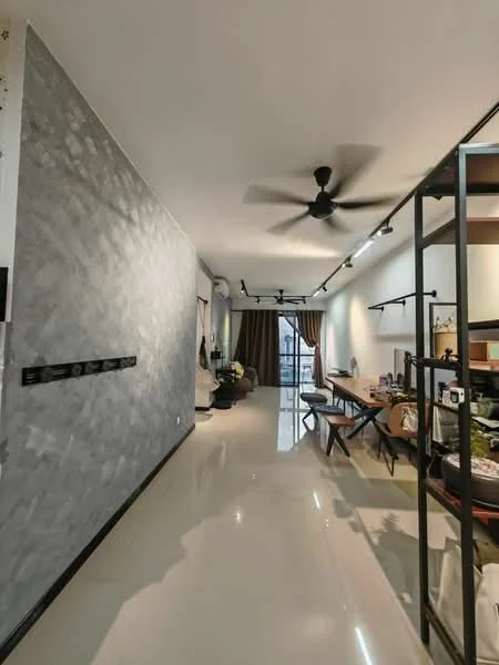 Room features: grey accent wall, white painted walls, polished tile flooring, 5-blade ceiling fan, recessed downlights, large sliding glass door, floor-to-ceiling windows, dining table, open shelving unit, decorative items on shelves, curtains, natural light from windows; style: modern.