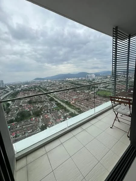Balcony features: glass railing, tile flooring, outdoor folding chair, city view, overhead shading, sliding glass door access; style: modern; view: city.