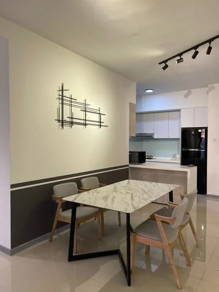 Dining features: marble dining table, 4 wooden dining chairs with upholstered seats, white painted walls, grey accent wall, recessed LED downlights, track lighting, built-in kitchen cabinetry, black refrigerator, microwave, kitchen countertop, ceramic tile flooring; style: modern.