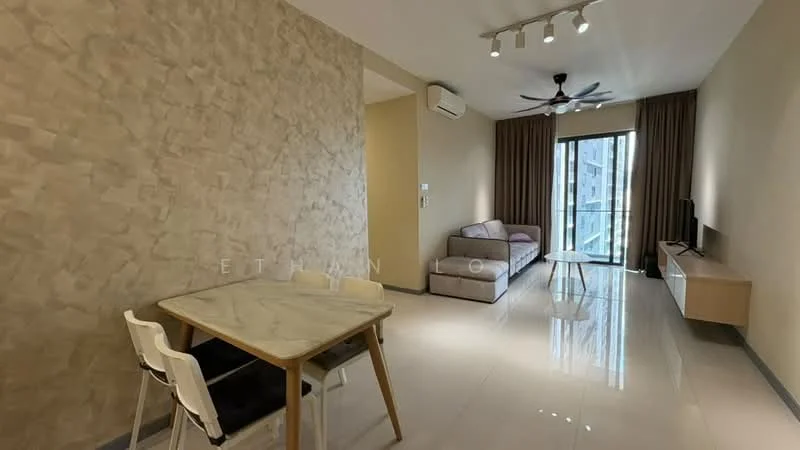 Living features: light grey accent wall, white painted walls, polished tile flooring, 5-blade ceiling fan with light, sofa in light grey fabric, TV console, wall-mounted TV, dining table for 4, sliding glass door, floor-to-ceiling windows, curtains, natural light; style: modern; view: city.