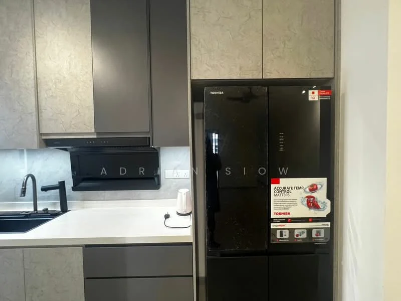Kitchen features: black stainless-steel fridge, built-in microwave, black cabinetry, grey textured cabinet doors, white countertop, single-bowl stainless-steel sink, chrome pull-down faucet, under-cabinet lighting, wall-mounted range hood; style: modern.