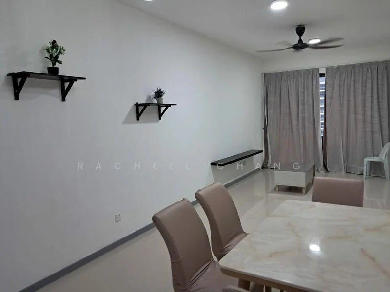 Dining features: marble dining table, 4 upholstered dining chairs, white painted walls, glossy tile flooring, ceiling fan, curtains, wall-mounted shelves, decorative plants on shelves; style: modern.