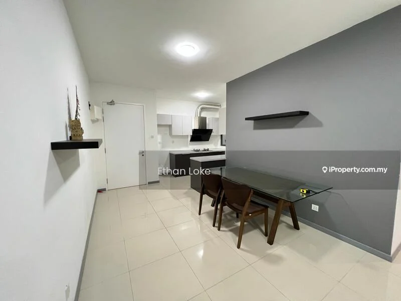 Dining features: white painted walls, glossy tile flooring, ceiling light, dining table with four chairs, open kitchen layout, black wall shelves, kitchen cabinetry, stainless-steel kitchen appliances; style: modern.