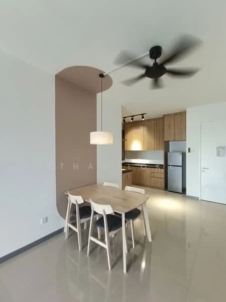 Dining features: 4-seater dining table, light wood dining chairs, pendant lamp, 5-blade ceiling fan, cream painted walls, grey accent wall, polished tile flooring, open layout to kitchen, built-in cabinetry, stainless-steel fridge; style: modern. Kitchen features: wood cabinetry, black countertop, built-in oven, stainless-steel range hood, ceramic cooktop, double-bowl stainless-steel sink, chrome pull-down faucet, recessed downlights; style: modern.