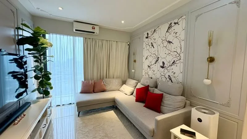Living features: L-shape sectional sofa in light grey, red accent pillows, white walls with decorative paneling, wallpaper with floral pattern, floor-to-ceiling windows with sheer curtains, light-colored area rug, TV console, wall-mounted TV, indoor plant, air conditioning unit, recessed downlights; style: modern; view: city.