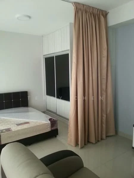 Room features: cream painted walls, glossy tile flooring, queen-size bed, upholstered headboard, built-in wardrobe with sliding doors, floor-to-ceiling curtains, wall-mounted TV, sofa, decorative throw pillows; style: modern.