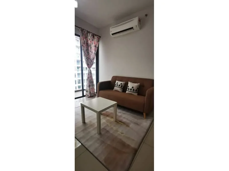Living features: brown fabric sofa, white coffee table, area rug with geometric pattern, floor-to-ceiling windows, sheer curtains with floral pattern, wall-mounted split AC, white painted walls, tile flooring; style: modern; view: city.