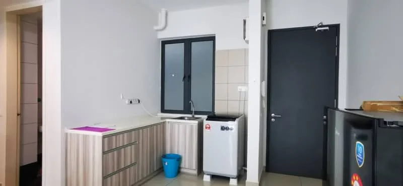Kitchen features: light wood cabinetry with horizontal stripes, single-bowl stainless-steel sink, chrome pull-down faucet, white countertop, built-in washing machine, black refrigerator, grey tiled backsplash, floor tiles in light color, window with black frame, door with black frame; style: modern.