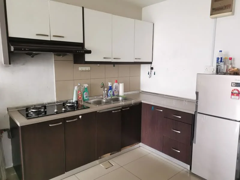 Kitchen features: brown cabinetry, white upper cabinets, stainless-steel sink, chrome pull-down faucet, 2-burner gas hob, built-in oven, ceramic tile backsplash, white tiled walls, grey tiled flooring, freestanding fridge, cleaning supplies on countertop; style: modern.