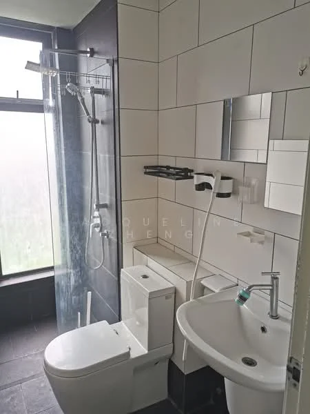 Bathroom features: walk-in shower with glass enclosure, rain shower head, handheld shower, white two-piece toilet, single-sink vanity with round basin, chrome basin mixer faucet, mirror above sink, wall-mounted shelving, black tile flooring, white tiled walls, window for natural light; style: modern.