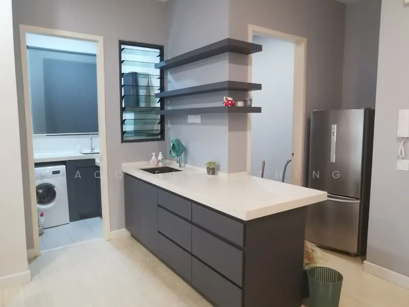 Kitchen features: grey cabinetry, white countertop, single-bowl stainless-steel sink, chrome pull-down faucet, built-in refrigerator, open shelving, wall-mounted window with louvered glass, washing machine, light-colored flooring, neutral wall color; style: modern. Laundry features: washing machine, neutral wall color, light-colored flooring.