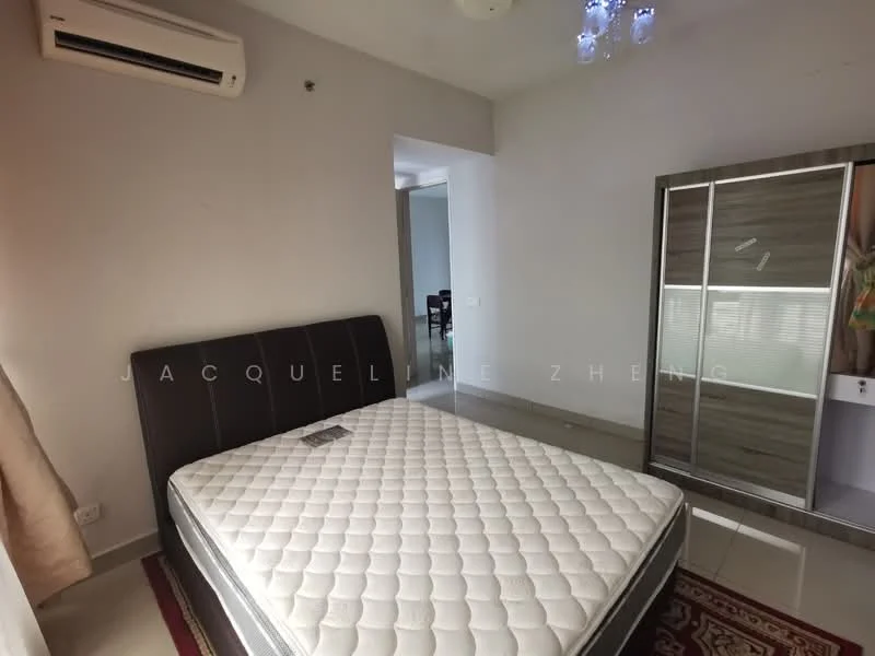 Bedroom features: queen-size bed, upholstered headboard, framed mirror, built-in wardrobe with sliding doors, cream painted walls, tile flooring, ceiling light fixture, 1 wall-mounted split AC; style: modern.