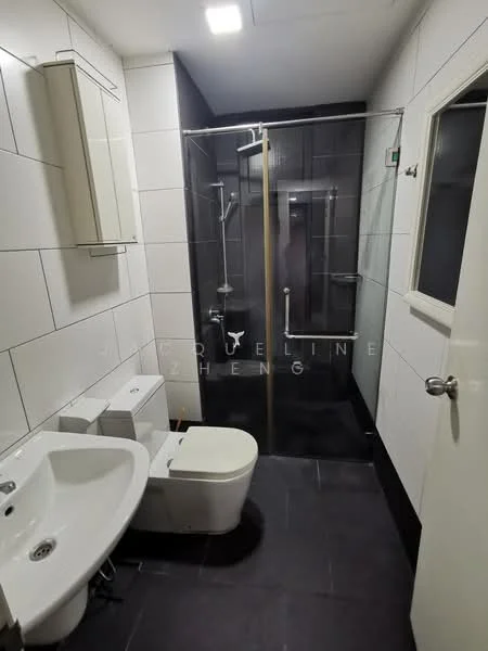 Bathroom features: white wall tiles, black floor tiles, glass shower enclosure, rain shower head, handheld shower, chrome basin mixer, one-piece toilet, white sink, mirror cabinet, recessed lighting; style: modern.