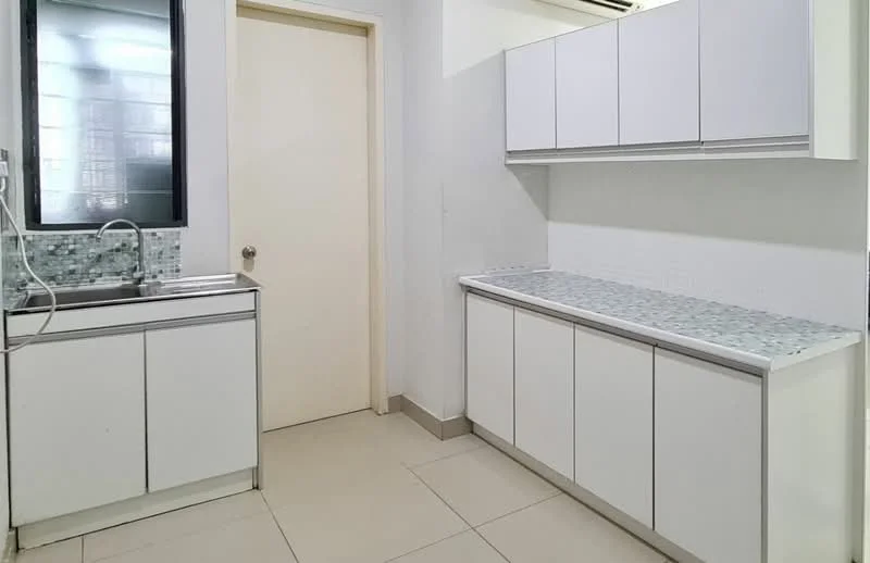 Kitchen features: single-bowl stainless-steel sink, chrome pull-down faucet, white cabinetry with flat-panel doors, countertop with grey mosaic tile, white tiled backsplash, light-colored floor tiles, wall-mounted cabinets, window for natural light; style: modern.