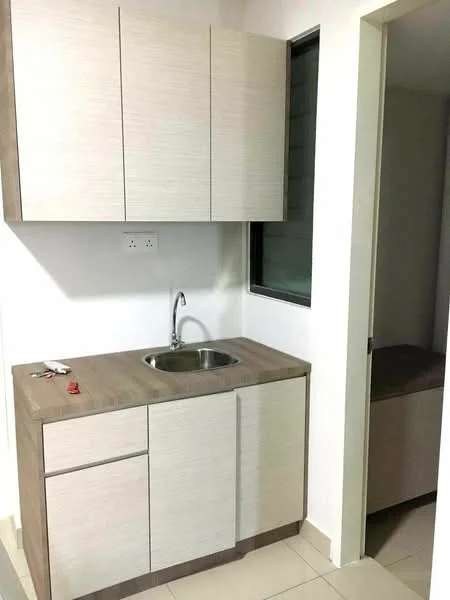 Kitchen features: single-bowl stainless-steel sink, chrome pull-down faucet, light wood cabinetry, flat-panel cabinet doors, countertop with wood finish, tile flooring, window for natural light, minimalist design; style: modern.