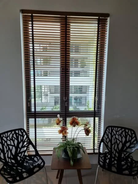 Room features: window with wooden blinds, two decorative chairs, small wooden side table, potted plant with flowers, neutral wall color, tile flooring; style: modern; view: garden.
