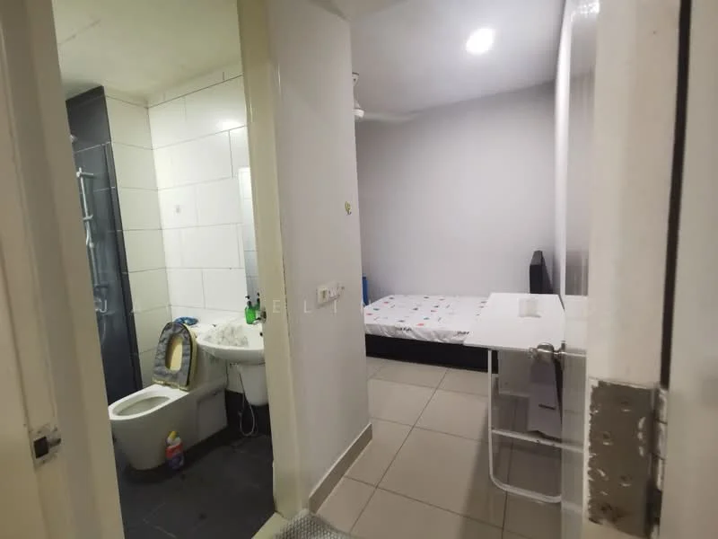 Bathroom features: white tiled walls, black tiled flooring, shower area with glass enclosure, chrome shower head, toilet, sink with chrome faucet, mirror above sink; style: modern. Bedroom features: single bed with white bedding, light grey painted walls, ceiling fan, window with no visible treatment, folding table, tile flooring; style: modern.