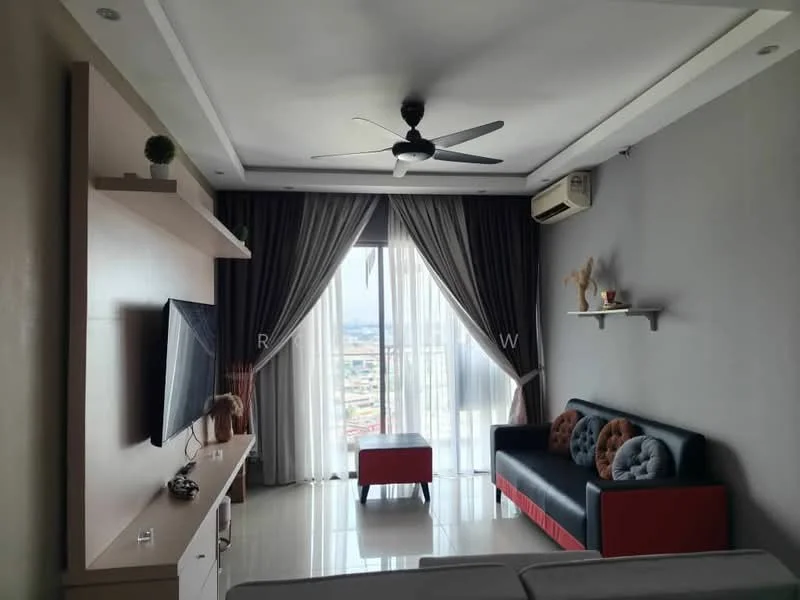 Living features: 5-blade ceiling fan with light, wall-mounted TV, light grey painted walls, cream ceiling with recessed lighting, floor-to-ceiling windows, sheer curtains, dark blue fabric sofa with red accents, wooden coffee table, decorative shelf with small plant, air conditioning unit, tile flooring; style: modern; view: city.