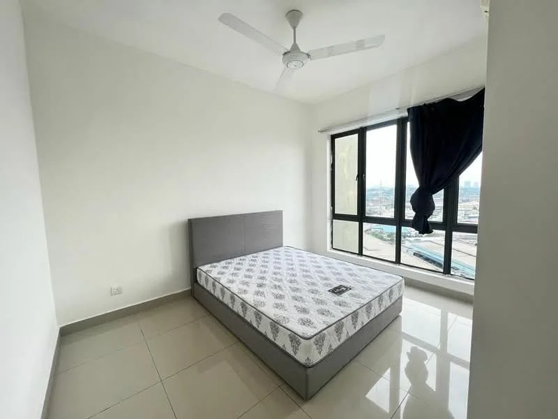 Bedroom features: queen-size bed, grey upholstered bed frame, white mattress, floor-to-ceiling windows, blackout curtains, white painted walls, glossy tile flooring, ceiling fan; style: modern; view: city.