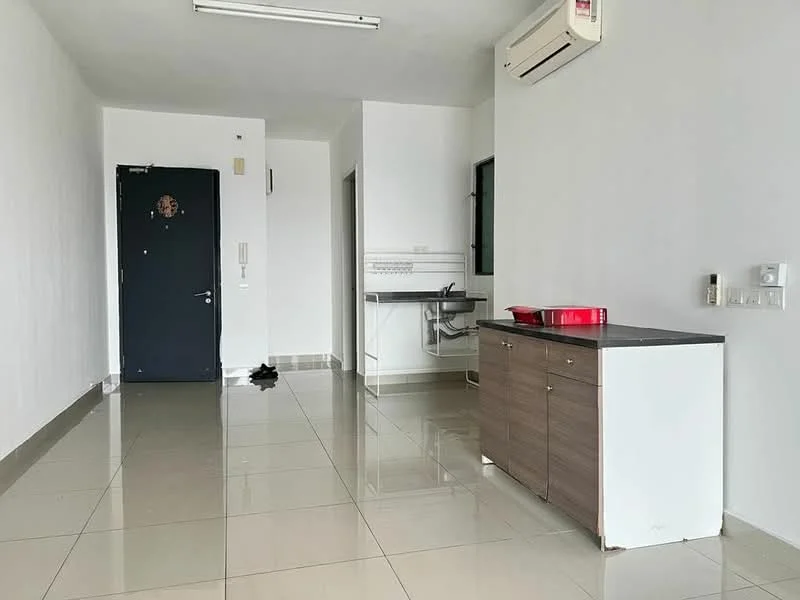 Room features: white painted walls, glossy ceramic tile flooring, 1 wall-mounted split AC, black countertop, wood cabinetry, kitchen sink, single-bowl stainless-steel sink, door with security peephole, window with black frame, light fixture on ceiling, open space layout; style: modern.