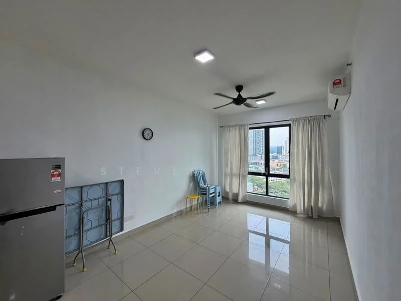 Living features: white painted walls, glossy ceramic tile flooring, 5-blade ceiling fan with light, floor-to-ceiling windows, sheer curtains, wall clock, refrigerator, 2 blue chairs, folding table, air conditioning unit; style: modern; view: city.