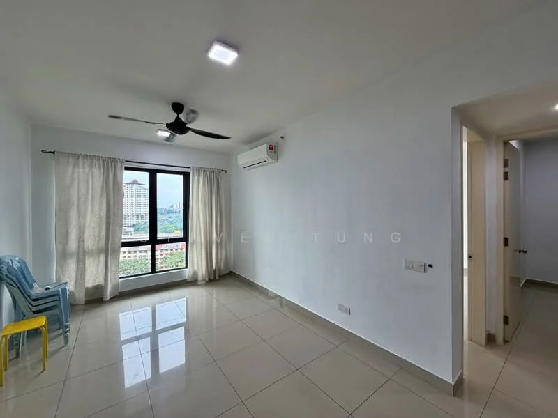 Room features: white painted walls, glossy ceramic tile flooring, 5-blade ceiling fan with light, floor-to-ceiling windows, sheer curtains, wall-mounted split AC, neutral color scheme, natural light from window; style: modern; view: city.