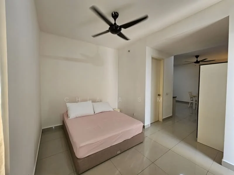 Bedroom features: queen-size bed with light pink bedding, 2 white pillows, ceiling fan, white painted walls, glossy tile flooring, built-in wardrobe, natural light from window, neutral color scheme; style: modern.